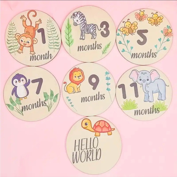 Baby“Milestones” 4” wood discs. Animal patterns. Front/back designs. 7 discs,NIP - Picture 3 of 3
